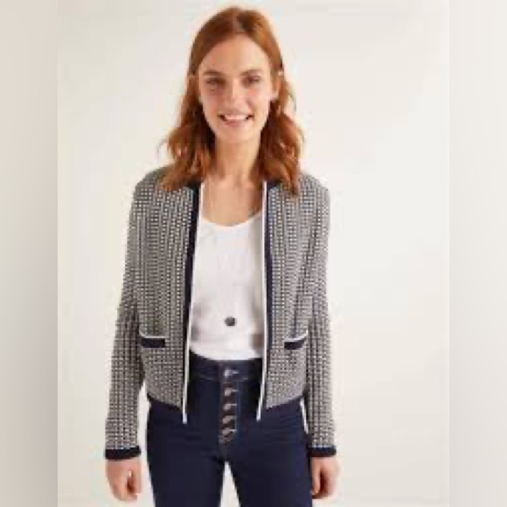 Boden Womens Navy/White Cotton Cranbrook Cardigan Welt Pockets Open Front SZ 12